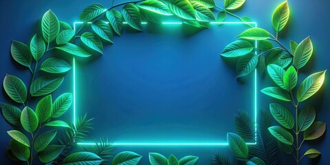 Wall Mural - Square neon lights with neon green leaves on blue background, neon, glowing, lights, green leaves, square, blue