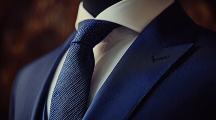 Closeup of a man's navy blue suit jacket with a white shirt and tie