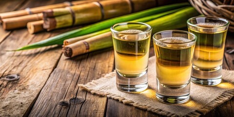 Two shot glasses of Brazilian gold cachaca with sugar and sugarcane on wooden background, Brazil, cachaca, alcohol, beverage