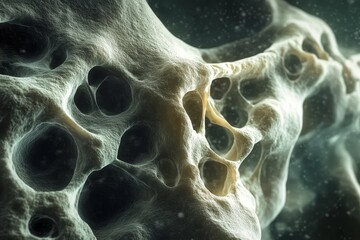 a close-up microscopic image of a giant cell tumor of bone, showcasing the characteristic porous and