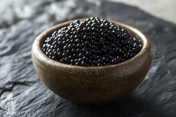 A close-up shot of a wooden bowl filled with glistening black caviar, symbolizing luxury, refinement, and exquisite taste. The caviar is a delicacy often associated with special occasions and fine din