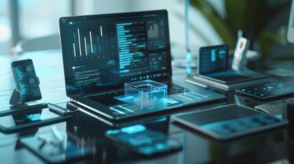 Wall Mural - futuristic computer technology concept with networked devices on desk: laptops, phones, and tablets 