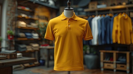 Mock up of polo shirt in shop, displayed on mannequin, shop background with clothes rack