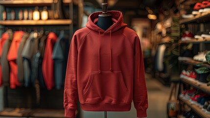 mock up of plain hoodie in shop displayed on mannequin, mannequin standing in front of clothes rack