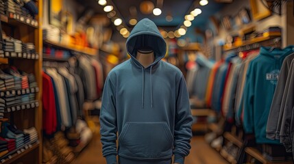 mock up of plain hoodie in shop displayed on mannequin, mannequin standing in front of clothes rack