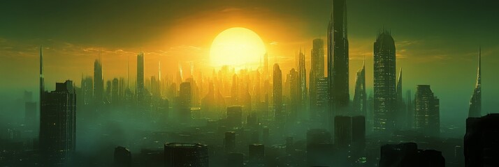 A futuristic cityscape with towering skyscrapers reaching towards a glowing sun in the distance. The city is shrouded in a mist, creating a sense of mystery and wonder. The cityscape symbolizes progre