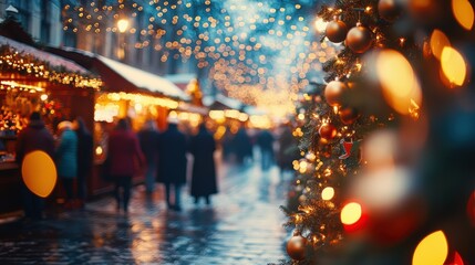 A vibrant Christmas street market featuring a glowing tree, decorated stalls, and cheerful people enjoying the festive evening under bright lights.