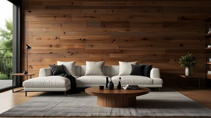 Wall Mural - Natural wood coffee table near white corner sofa against wooden paneling wall. Minimalist interior design of modern living room.