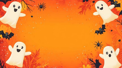 Halloween style wallpaper, orange background with red decoration and large blank space in the center for text, Halloween patterns such as cute ghost on both sides of the frame, spider scattered around