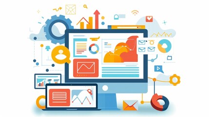 Wall Mural - modern website design and digital marketing concept with search engine optimization elements on a bl