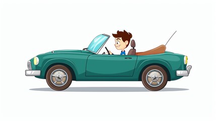 Wall Mural - A cartoon boy is driving a green convertible.