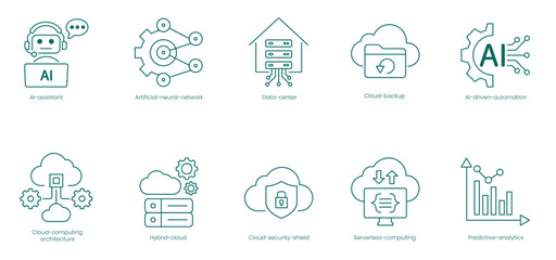 Canvas Print - Comprehensive AI and Cloud Infrastructure Vector Icons Set: AI Assistant, Artificial Neural Network, Data Center, Cloud Backup, AI-Driven Automation, Cloud Computing Architecture vector icon set