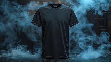 mock up front and back view of plain t-shirt product, black background with light smoke