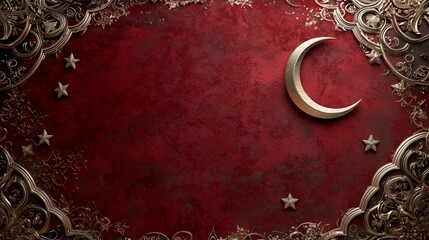 Wall Mural - Golden crescent moon and stars with intricate ornaments on a deep red background, perfect for elegant and festive designs.