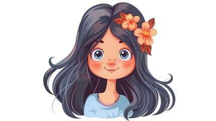 Wall Mural - Cartoon illustration of a girl with long black hair and freckles.