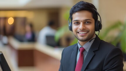 a professional indian customer service representative wearing a headset and a suit, smiling warmly a