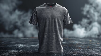 mock up front and back view of plain t-shirt product, black background with light smoke