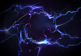 Wall Mural - blue thunder bolt light and electric energy discharge in form of circle on black background. realist