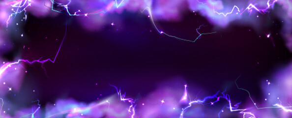 Wall Mural - frame from thunder lightning and purple smoke on dark background. natural energy border with thunder