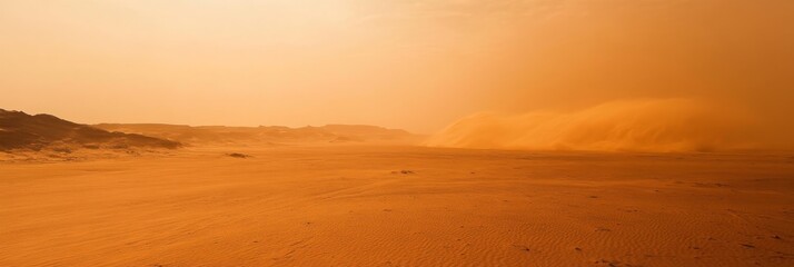 A vast, desolate desert landscape with a powerful sandstorm sweeping across the horizon, showcasing the raw power of nature. The orange hues of the sand and the swirling dust create a sense of awe and