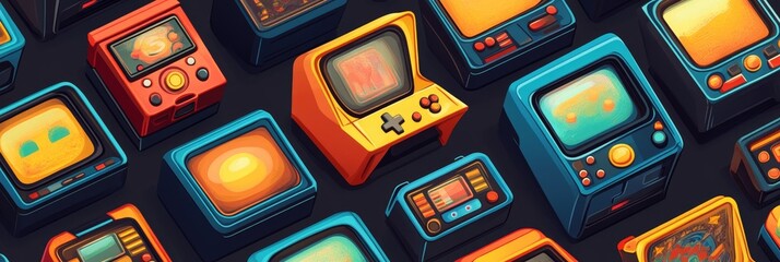 A vibrant and nostalgic collection of retro arcade game machines, featuring pixelated screens and classic joysticks. Each machine is a testament to the golden age of gaming, symbolizing fun, nostalgia