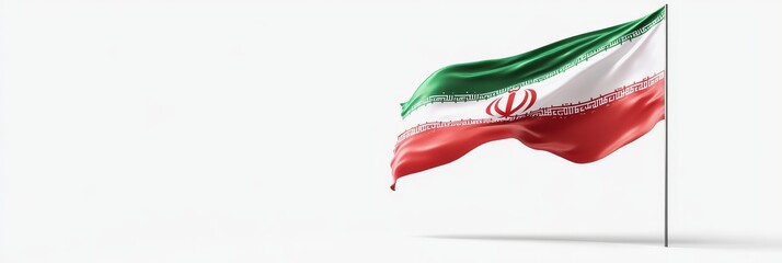 A vibrant Iranian flag billows gracefully against a pristine white background, symbolizing national pride, cultural heritage, and the strength of the nation. The green, white, and red colors represent