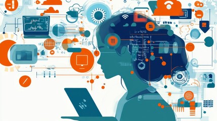 A woman using a laptop, surrounded by digital icons symbolizing essential digital literacy skills like coding, data analysis, cloud computing, and communication technology.