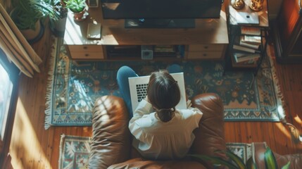 Young girl sitting on living room floor working on a laptop, surrounded by cozy home decor and natural light, ideal for educational, remote work, or technology concepts in modern home environments