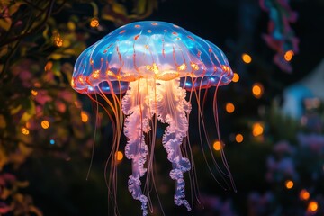 Colorful Jellyfish with Glowing Tentacles in Underwater Environment
