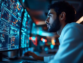 Focused Programmer Working Late at Night with Computer Screens Showing Code - Photo