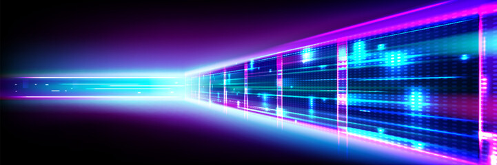 Data center room tunnel with neon blue and pink light glow. Realistic 3d vector illustration of abstract computer server cluster for digital information and database warehouse. Cyberspace banner.