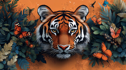 a tiger with a prominent stripe pattern, surrounded by butterflies of various colors, set against a warm background.