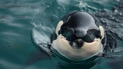 Killer whale also known as an orca, swims in the ocean. The photograph is of its head and face, showing its distinctive black and white coloration. The water is a turquoise color.