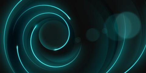 Wall Mural - dark abstract background with circular neon light glow flare line and bokeh effect. futuristic energ