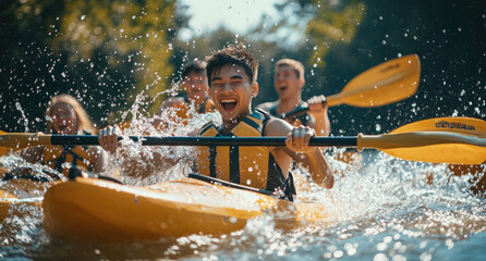 Canvas Print - happy young Asian men and women in life jackets kayaking on the river, splashing water around them