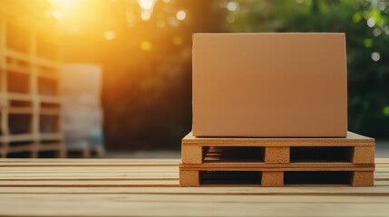 A cardboard box sits on a wooden pallet, bathed in golden sunlight, symbolizing shipping, storage, and logistics in a natural setting.