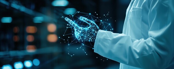 A futuristic hand gesture displaying digital connectivity, showcasing innovation in technology and science in a lab environment.