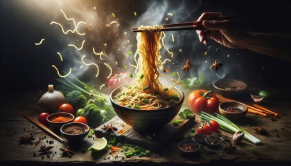 Wall Mural - Hot noodles being lifted from a bowl with chopsticks, flying strands of noodles, vegetables and spices surrounding the bowl on a rustic wooden surface, dramatic lighting, splashing broth, mouthwaterin