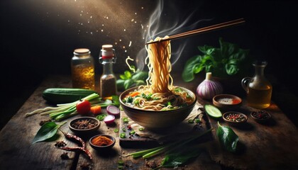 Wall Mural - Hot noodles being lifted from a bowl with chopsticks, flying strands of noodles, vegetables and spices surrounding the bowl on a rustic wooden surface, dramatic lighting, splashing broth, mouthwaterin