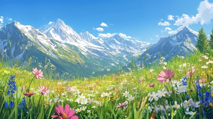 Serene mountain meadow with wildflowers in full bloom, snow-capped peaks in the background under a clear blue sky