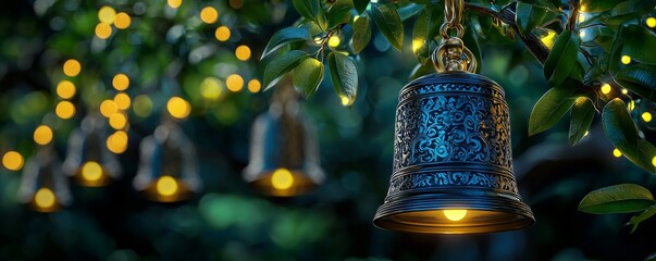 Wall Mural - A 3D Thai temple bell with soft glowing lights, symbolizing the spiritual practices of Thailand.