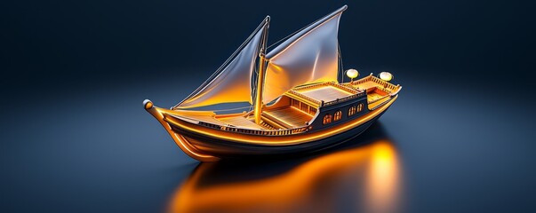 Wall Mural - A 3D UAE dhow boat with soft lighting on the right, representing the maritime traditions of the UAE.