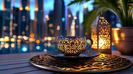 Wall Mural - A 3D UAE traditional coffee ceremony with soft lighting on the right, representing the hospitality customs of the UAE.