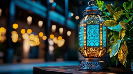 Wall Mural - A 3D traditional Arabic lantern with soft lighting on the right, symbolizing the cultural festivals of the UAE.