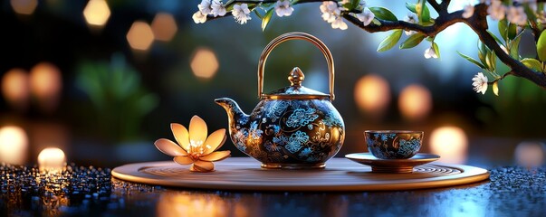 Wall Mural - A 3D traditional Japanese tea set with soft lighting, symbolizing the art of tea ceremonies.