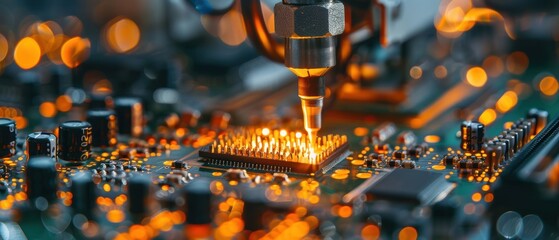 Wall Mural - precision robotic arm assembling electronics in high-tech factory setting