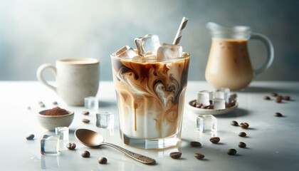 Wall Mural - Hyper-realistic coffee drink illustration, iced coffee in tall glass with ice cubes and whipped cream, coffee waves textures, amber and brown color tones, circular wood coaster base, gray muted backgr