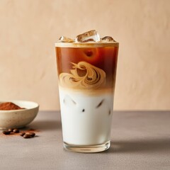 Wall Mural - Hyper-realistic coffee drink illustration, iced coffee in tall glass with ice cubes and whipped cream, coffee waves textures, amber and brown color tones, circular wood coaster base, gray muted backgr