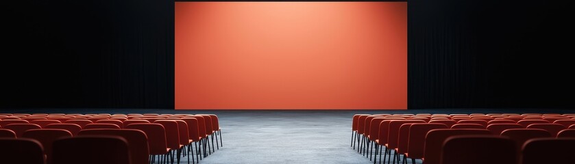 A spacious theater hall showcasing empty red chairs facing a blank screen, perfect for presentations or performances.