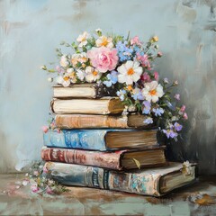 Wall Mural - A stack of books with flowers on top of them